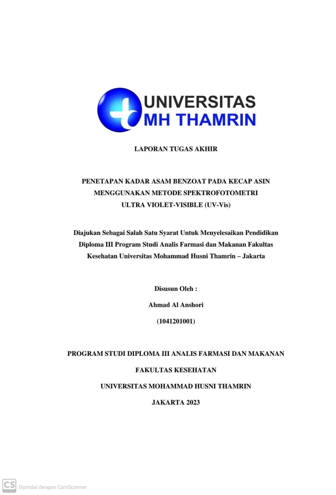 PENETAPAN KADAR ASAM BENZOAT PADA KECAP ASIN MENGGUNAKAN METODE SPEKTROFOTOMETRI ULTRA VIOLET-VISIBLE (UV-Vis)