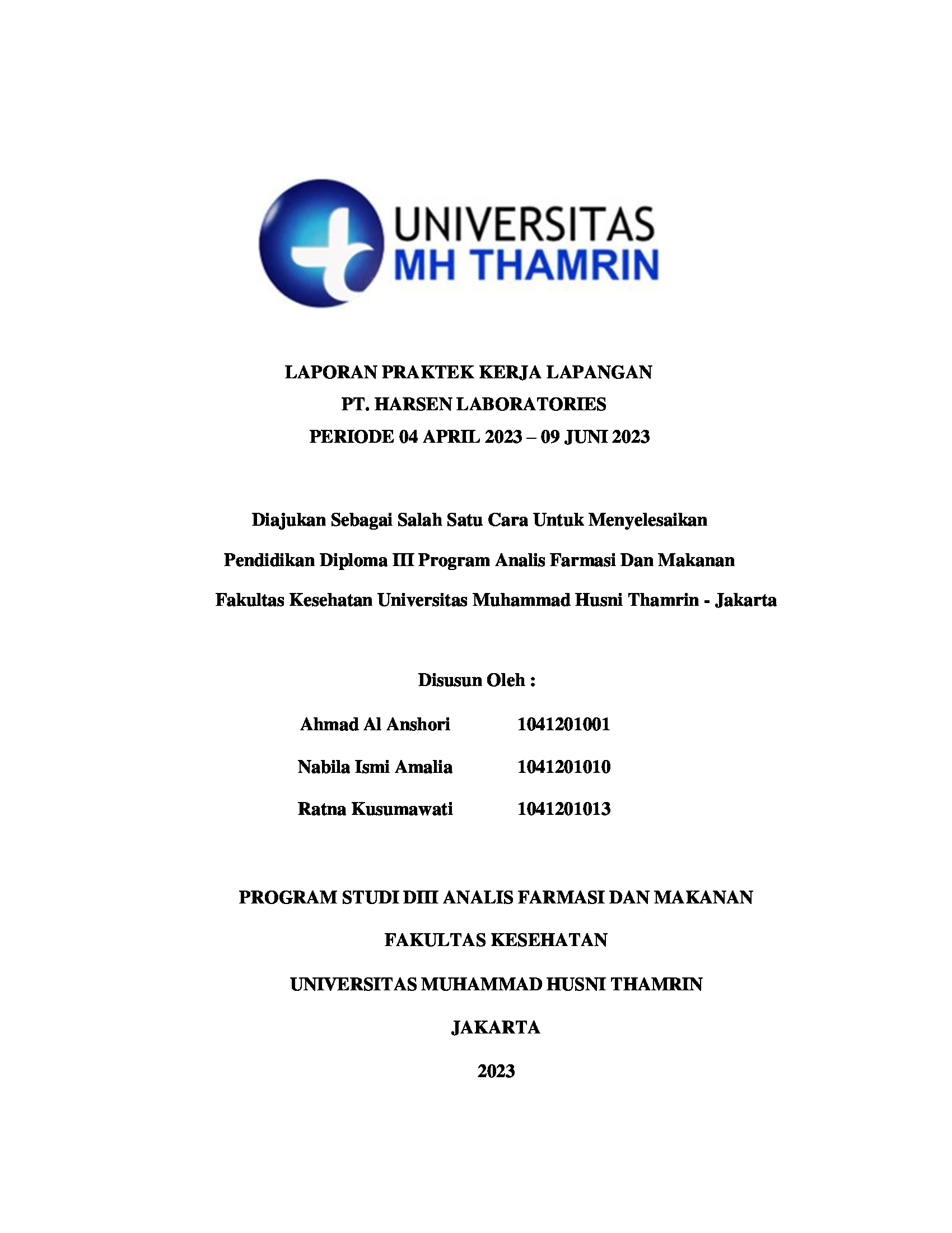 LAPORAN PRAKTEK KERJA LAPANGAN PT. HARSEN LABORATORIES PERIODE 04 APRIL 2023 - 09 JUNI 2023