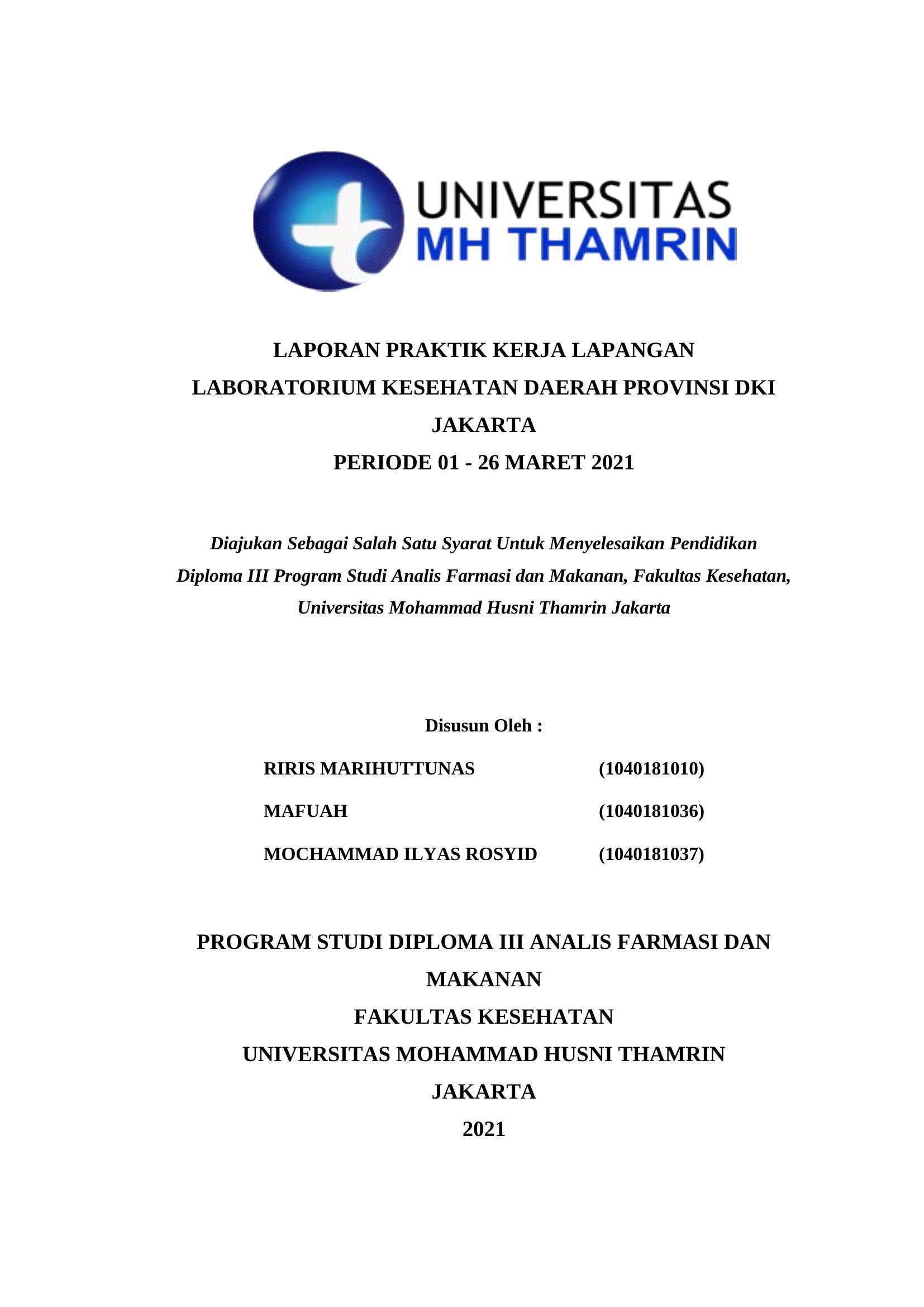 LAPORAN PRAKTIK KERJA LAPANGAN LABORATORIUM KESEHATAN DAERAH PROVINSI DKI JAKARTA PERIODE 01 - 26 MARET 2021