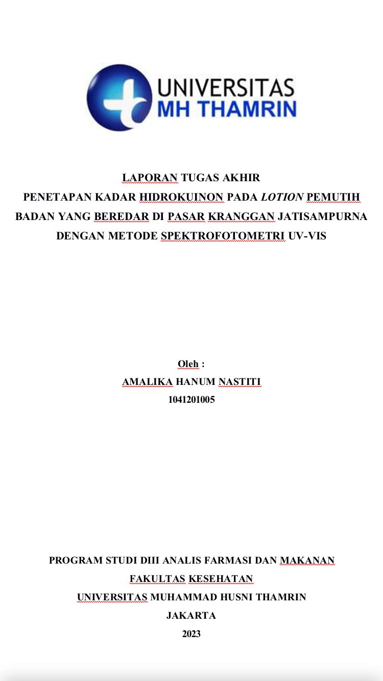 PENNETAPAN KADAR HIDROKUINON PADA LOTION PEMTIH BADAN YANG BEREDAR DI PASAR KRANGGAN JATISAMPURNA DENGAN METODE SPEKTROFOTOMETRI UV-VIS