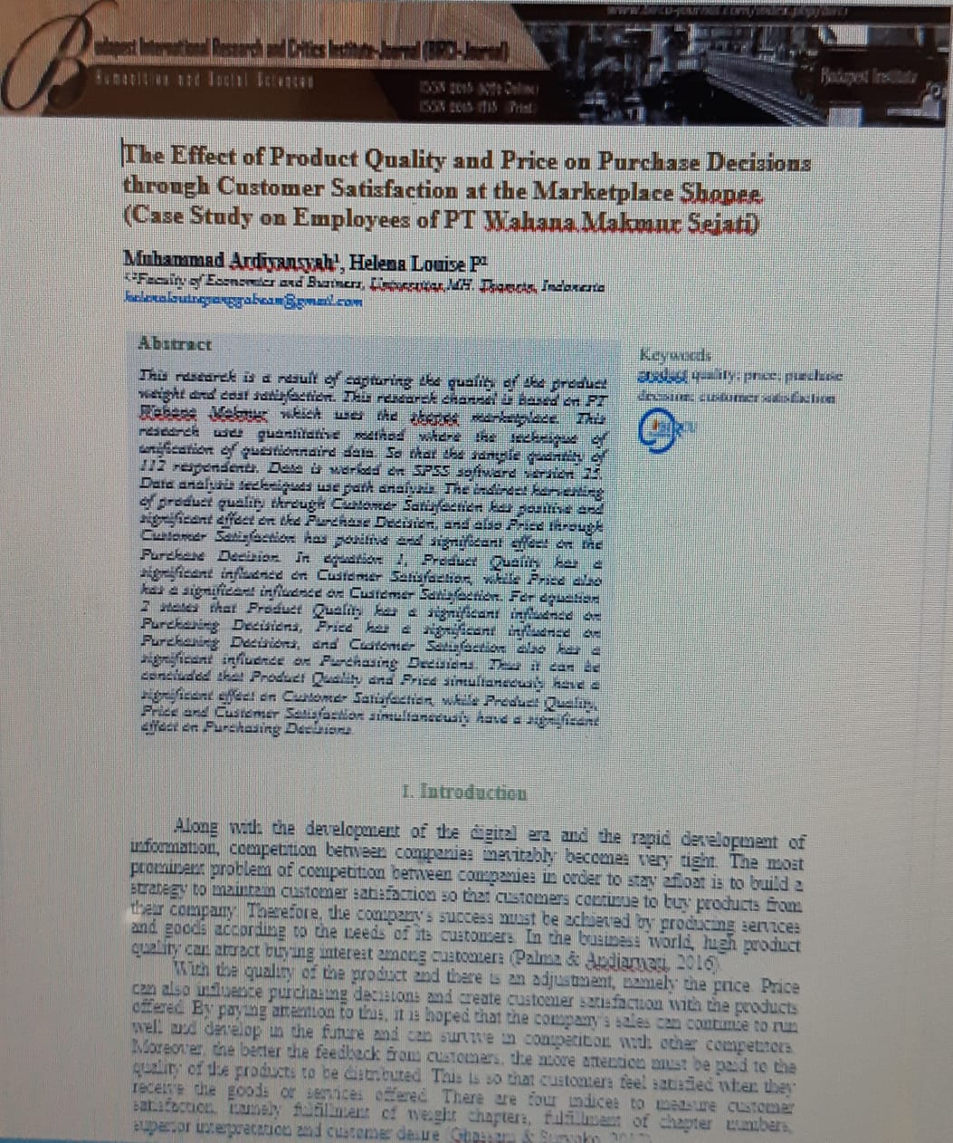 The Effect of Product Quality and Price on Purchase Decisions  through Customer Satisfaction at the Marketplace Shopee (Case Study on Employees of PT Wahana Makmur Sejati)