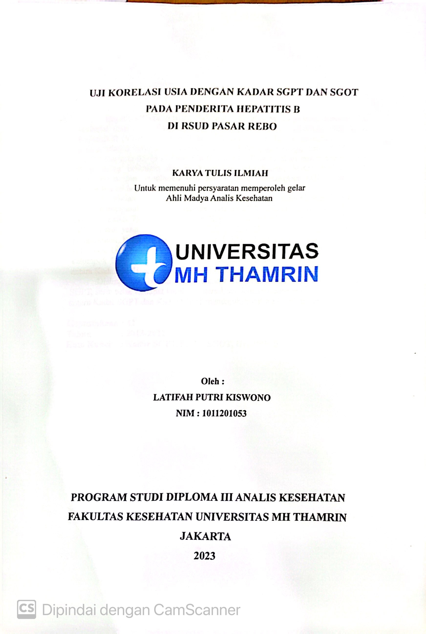 UJI KORELASI USIA DENGAN KADAR SGPT DAN SGOT PADA PENDERITA HEPATITIS B DI RSUD PASAR REBO