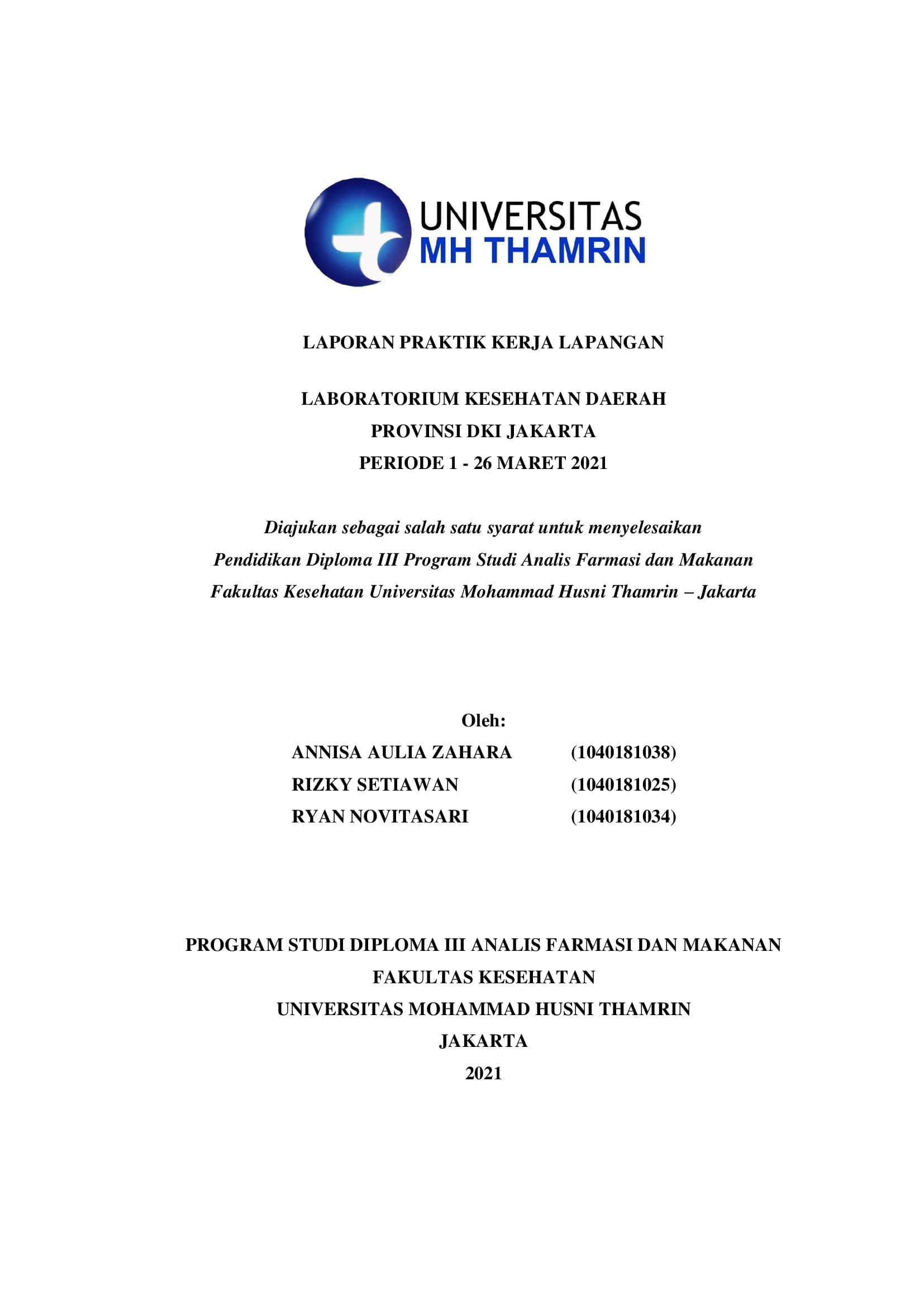 Laporan Praktik Kerja Lapangan Laboratorium Kesehatan Daerah Provinsi DKI Jakarta Periode 1 - 26 Maret 2021
