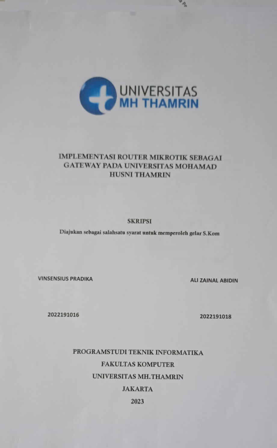 IMPLEMENTASI ROUTER MIKROTIK SEBAGAI GATEWAY PADA UNIVERSITAS MOHAMAD HUSNI THAMRIN