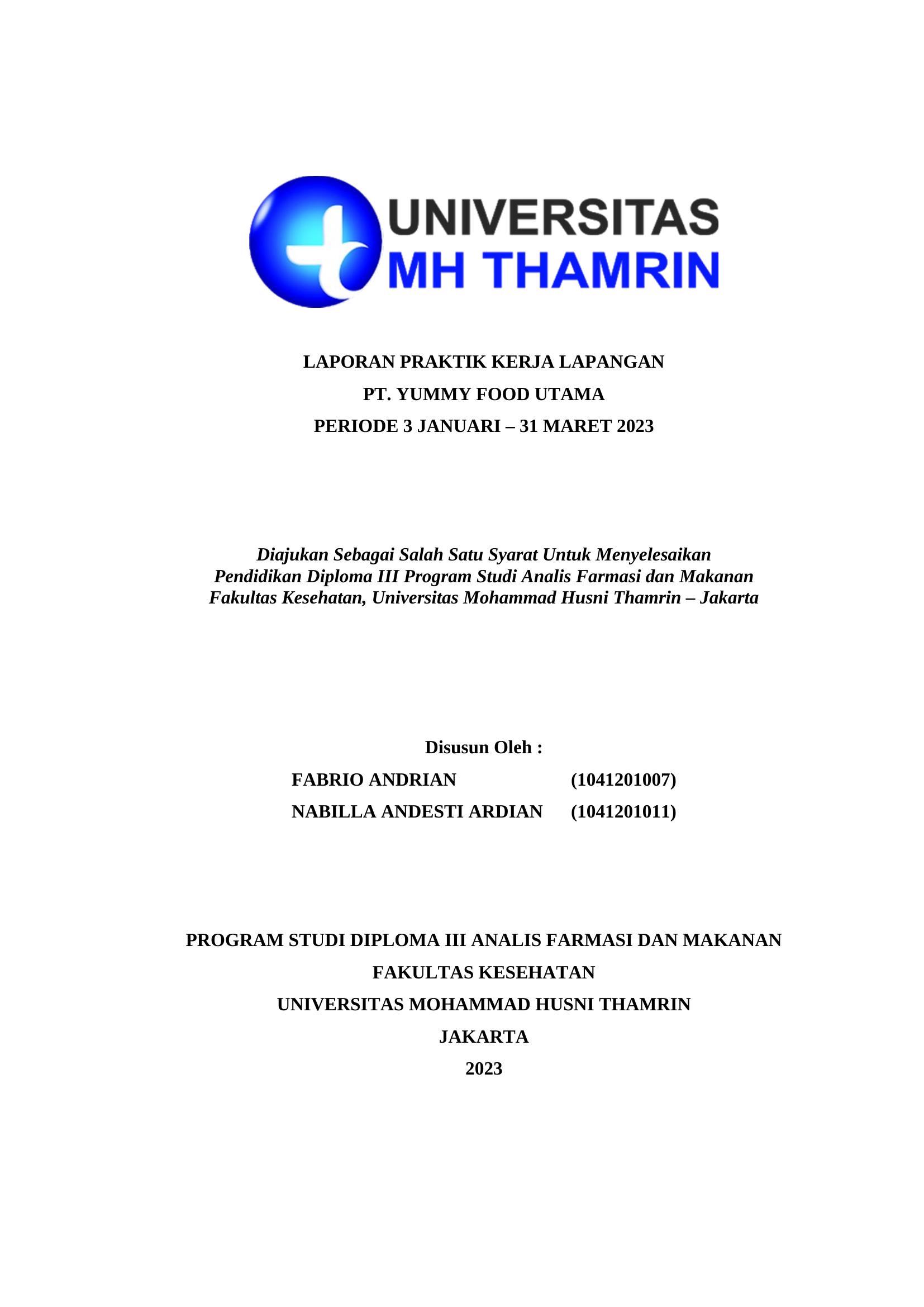 Laporan Praktik Kerja Lapangan PT. Yummy Food Utama Periode 3 Januari 2023 - 31 Maret 2023