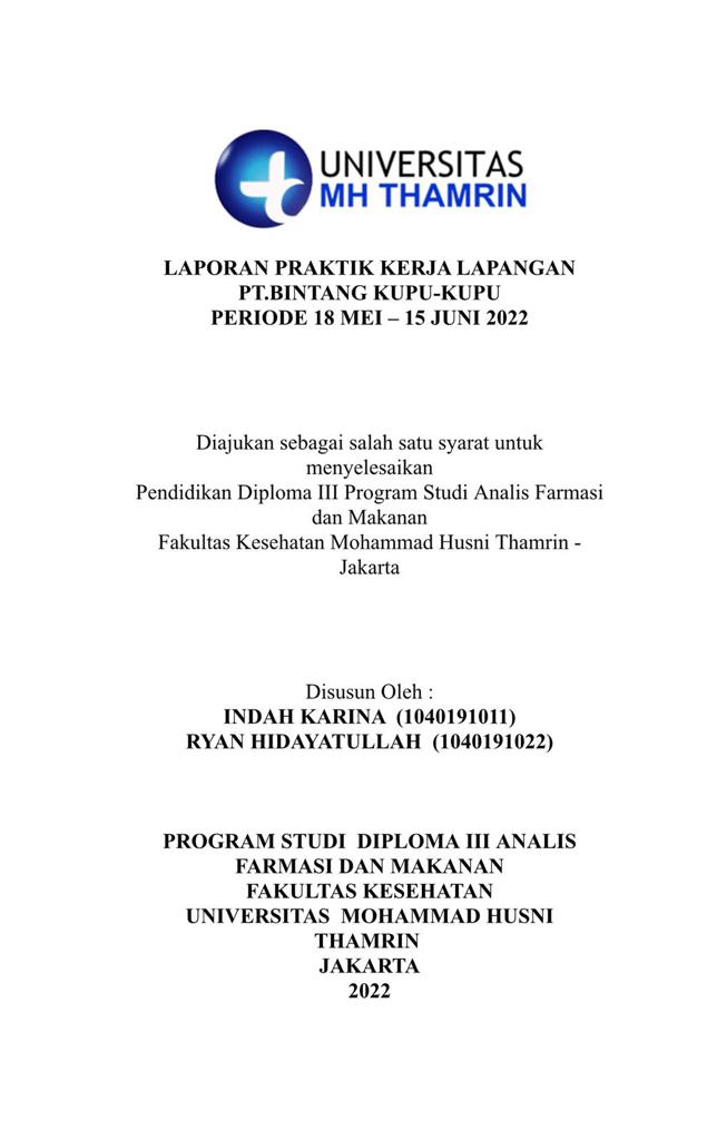 LAPORAN PRAKTIK KERJA LAPANGAN PT.BINTANG KUPU-KUPU PERIODE 18 MEI-15 JUNI 2022