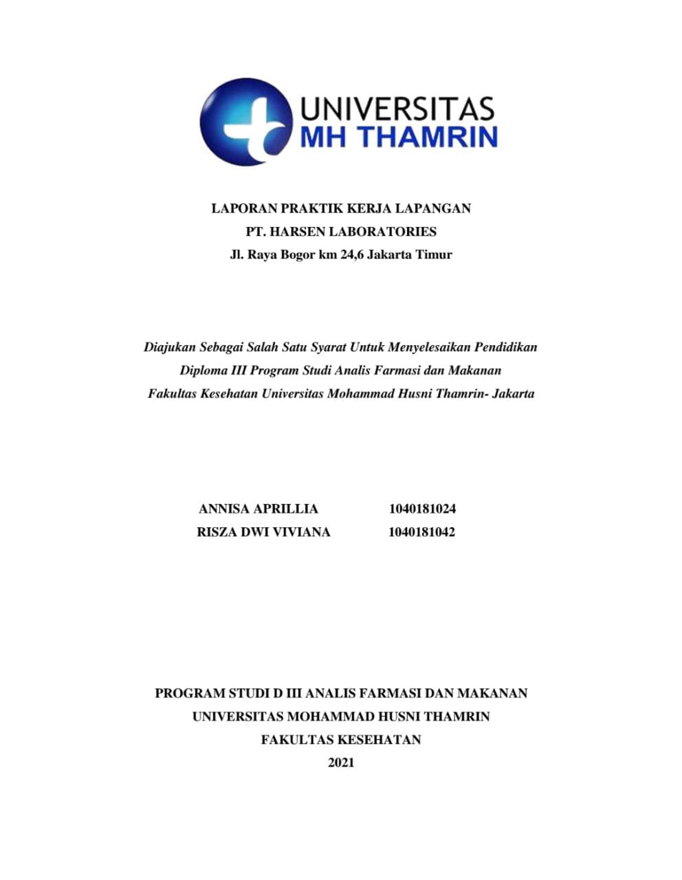  Laporan Praktik Kerja Lapangan PT. Harsen Laboratories Jl. Raya Bogor km 24,6 Jakarta Timur