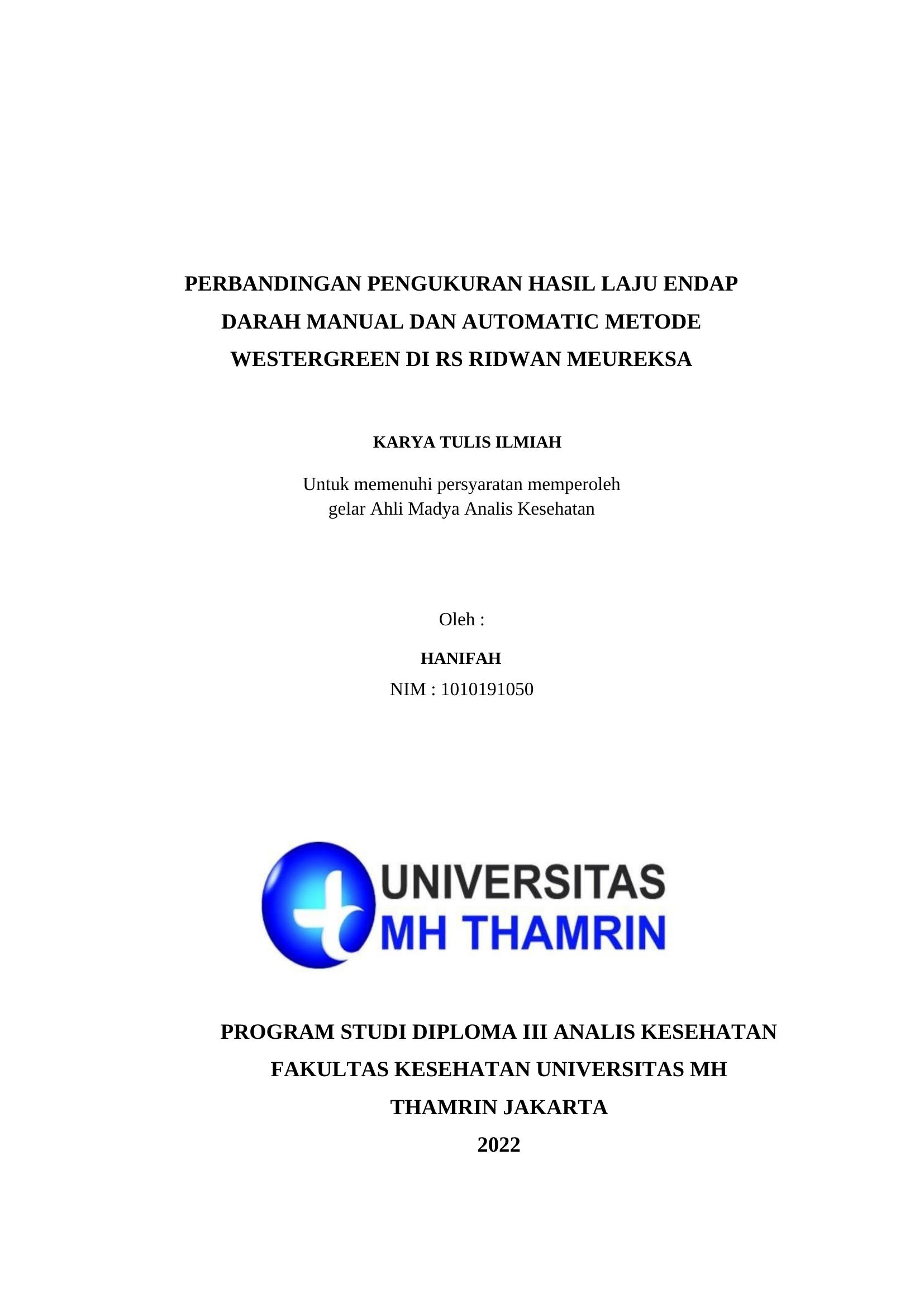 PERBANDINGAN PENGUKURAN HASIL LAJU ENDAP DARAH MANUAL DAN AUTOMATIC METODE WESTERGREEN DI RS RIDWAN MEUREKSA