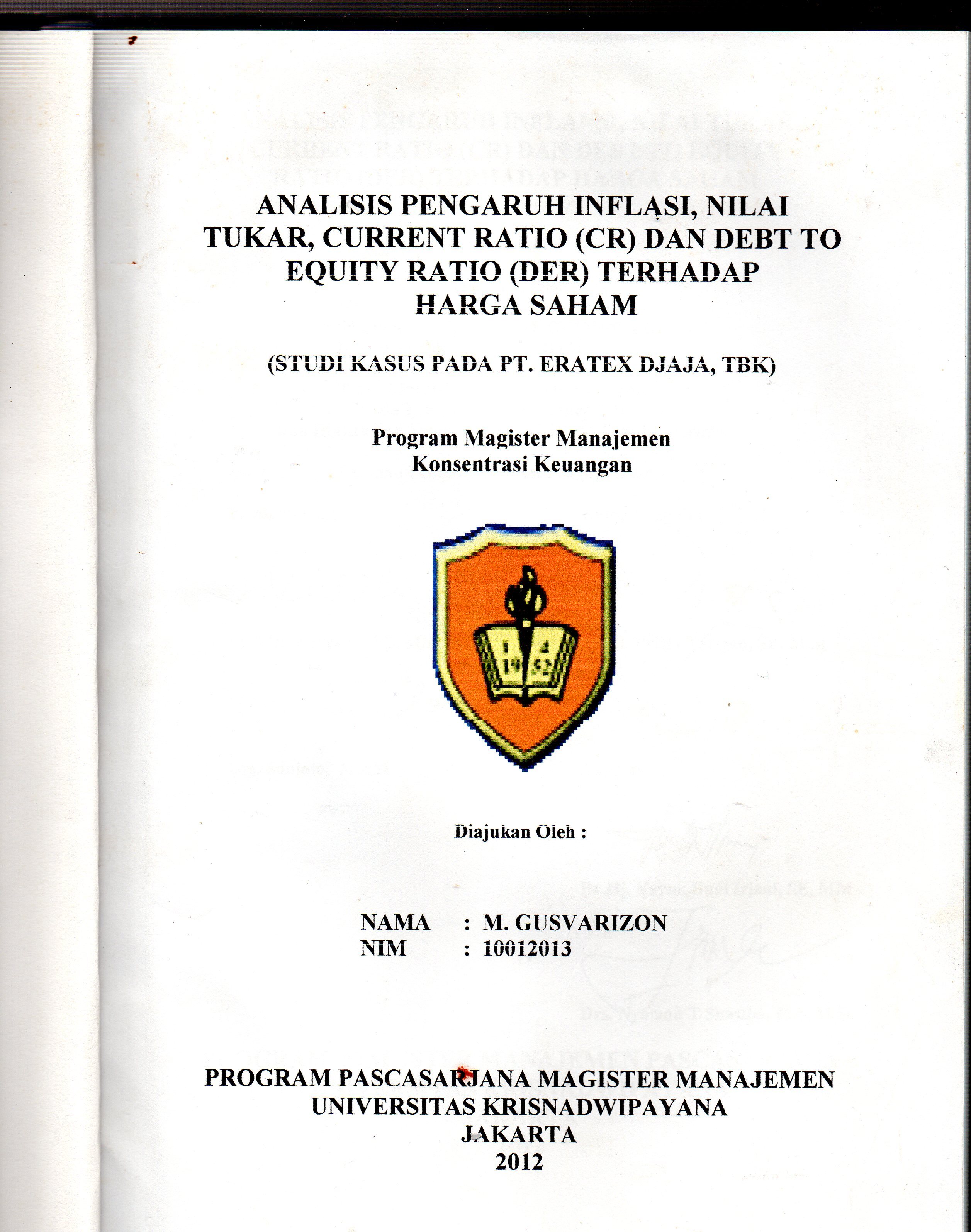 ANALISIS PENGARUH INFLASI, NILAI TUKAR, CURRENT RATIO (CR) DAN DEBT TO EQUITY RATIO (DER) TERHADAP HARGA SAHAM